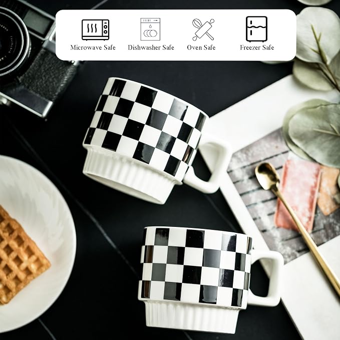 Miamolo Stackable Coffee Mug Set of 4 with Rack 11 oz Tea Cup Set with Little Spoon for Coffee Tea Cocoa Milk, Father's Day,Checkered Black and White Pattern Coffee Mug for Housewarming Gift
