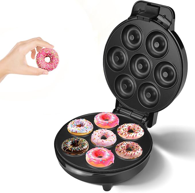 DSP Mini Donut Maker - Non-Stick, 7 Donuts, Cool-Touch | Quick 3-Min Baking, Indicator Lights, Easy Wipe-Clean, Breakfast/Snacks/Desserts, Black