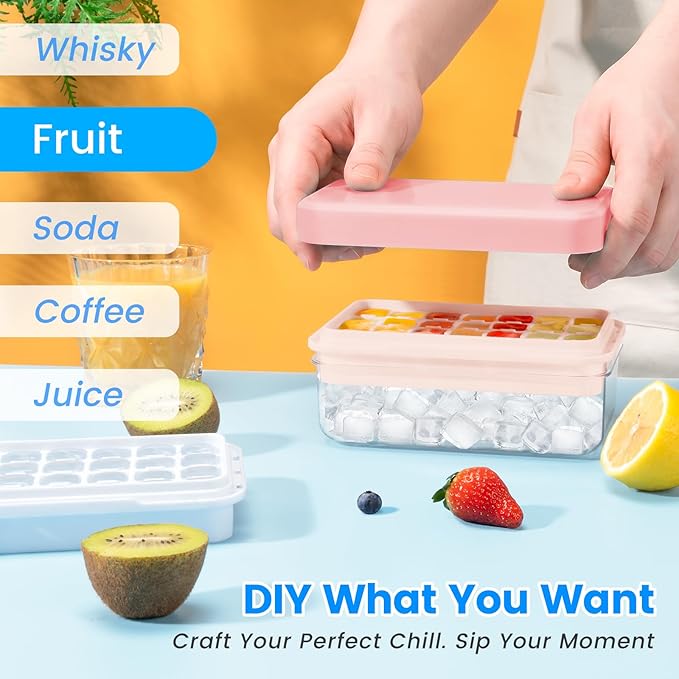 Ice Cube Tray with Lid and Bin, 28 pcs Ice Cubes Molds, Ice Trays for Freezer, Ice Cube Tray Mold, with 1 tray, Ice Freezer Container, Spill-Resistant Removable Lid & Ice Scoop, for Whiskey,Cocktail
