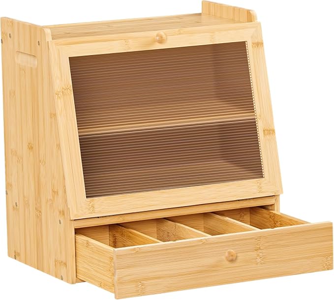 HOOBRO Bread Box, Bamboo Bread Box for Kitchen Countertop, 2-Tier Bread Storage Container with Drawer, Bamboo Food Cabinet with Acrylic Door, for Kitchen, Dining Room, Natural YL21MB01