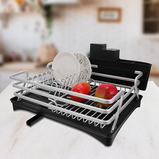 Garneck Multi-Function Aluminum Alloy Dish Draining Rack with Silver Frame and Black Base, Kitchen Storage Shelf for Dish Organization and Drying, Sink-Compatible Kitchen Organizer