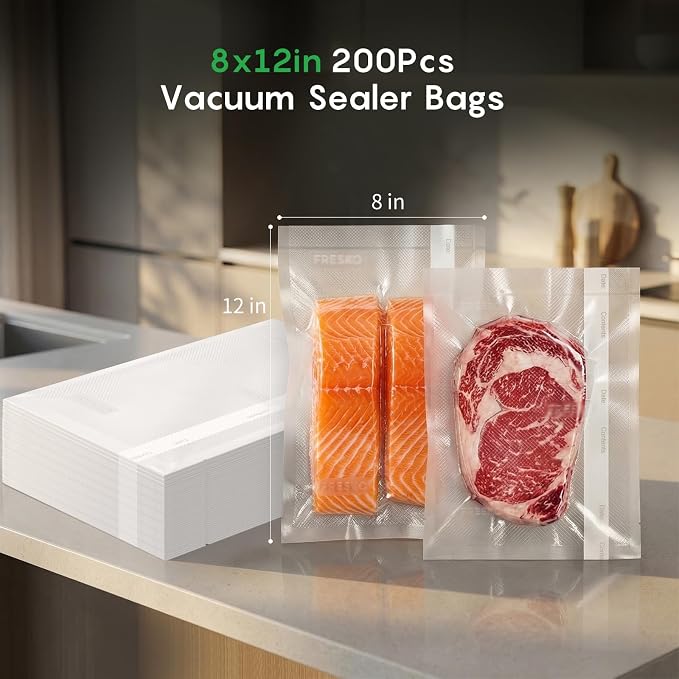 FRESKO 200 Pack 8"x12"Vacuum Sealer Bags, Heavy Duty Commercial Grade Precut Storage Bag, Sous Vide Vacuum Safe, BPA Free