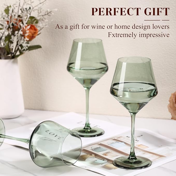 Green Wine Glasses Set of 6-17.5oz Long Stem Crystal Wine Glasses, Handcrafted Blown Colorful Stemware, Elegant Drinkware Gift for Wedding Housewarming Wine Enthusiasts