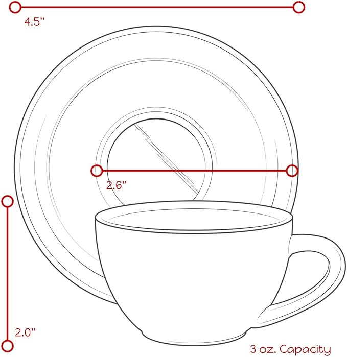 Espresso Cups and Saucers by Easy Living Goods - 3-Ounce Demitasse for Coffee, Set of 4, Assorted Colors (Modern)