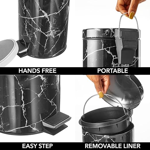 mDesign Extra Small Modern 3-Liter/.7 Gallon Round Metal Lidded Step Trash Can, Compact Garbage Bin with Removable Liner Bucket and Handle for Bathroom, Kitchen, Office, Garage - Black Marble Print