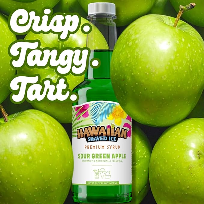 Hawaiian Shaved Ice Sour Green Apple Syrup - Nut Soy Dairy Free - Flavor Fluffy & Crunchy Snow Cones - Shelf Stable - Makes 8 Servings - 16 ounces