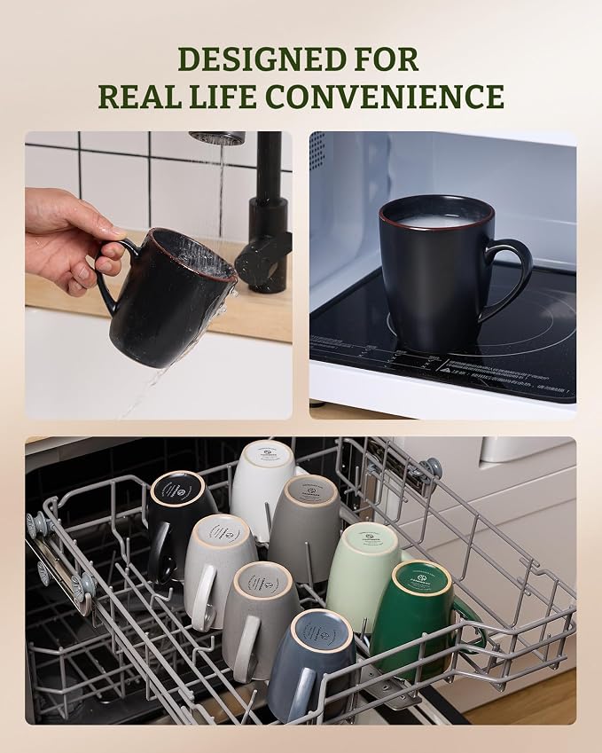 famiware Venus Coffee Mugs for 8, 13 oz Mug Set, Dringking Cup with Handle for Coffee, Tea, Cocoa, Milk, Matte Black