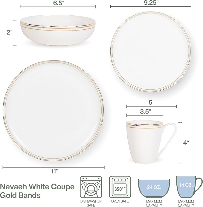 Everyday White by Fitz and Floyd Nevaeh Bone China Coupe Gold Bands Dinnerware Set, Service for 4