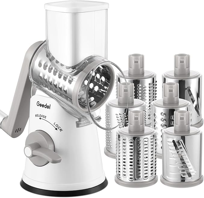 Geedel Rotary Cheese Grater Cheese Shredder - Upgraded 6-in-1 Cheese Grater with Handle and Strong Suction Base, Multi-purpose Vegetable Slicer Ice Shaver Nuts Grinder for Ice, Vegetables, Fruit