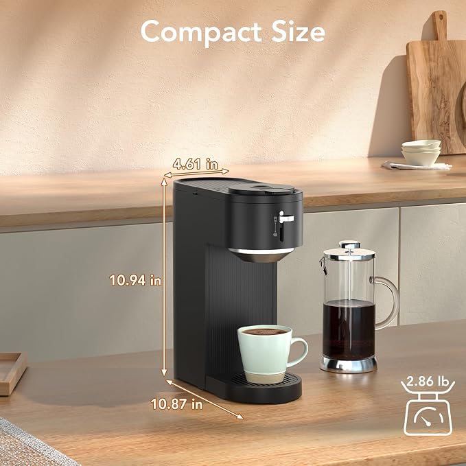 Single Serve Coffee Maker – Brew with Coffee Pods & Grounds, Compatible with Kcup Coffee Pods, Small Sizes Up to 6 8 10 12 14 Oz, 14 Oz Water Reservoir, Easy to Clean for Office Travel Home, Black