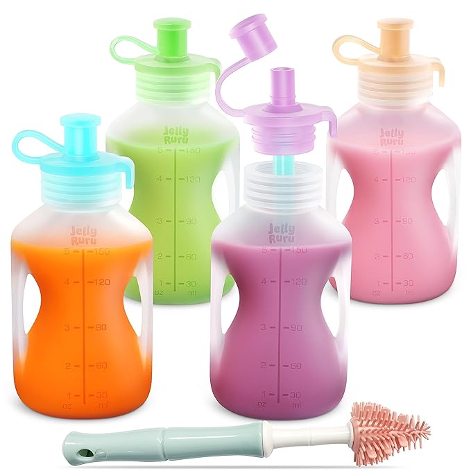 Jelly Ruru Silicone Reusable Baby Food Pouches with Straws, 8 Pack Leakproof Refillable Squeeze Pouches, Dishwasher, Freezer, Microwave Safe, 5OZ Baby Food Storage for Homemade Puree, Yogurt
