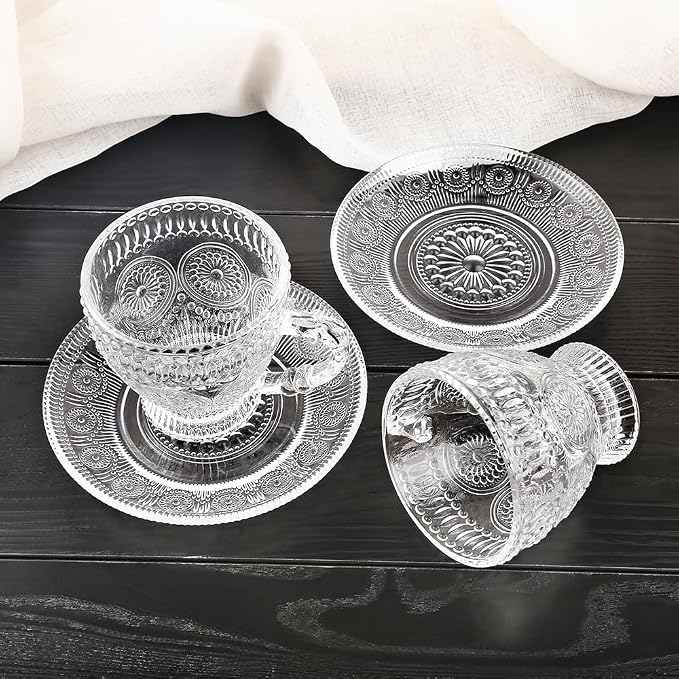 Kingrol 6-Piece Embossed Glass Mug Set with Saucers, 7 oz Vintage Tea Cups with Handle, Clear Glass Coffee Mugs for Latte, Cappuccino, Espresso, Hot or Iced Drinks