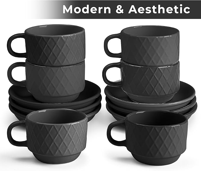 MIAMIO - 6 x 2.5 oz Stoneware Espresso Mug, Cup Set Modern with Stand and Saucers - Palmanova Collection (Black)