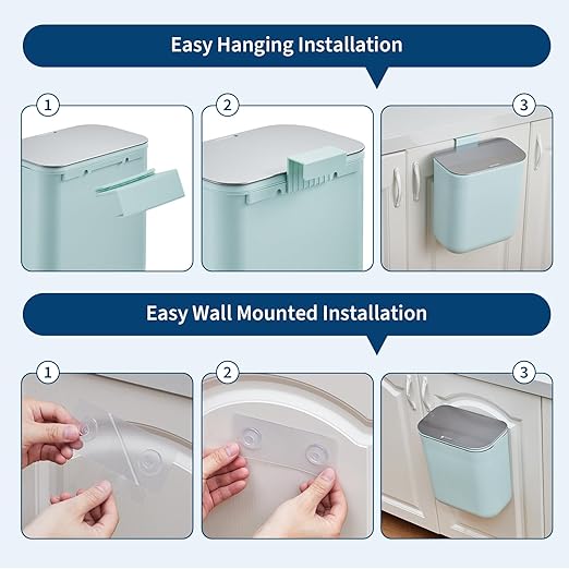 Hanging Kitchen Trash Can with Lid - 2.4 Gallon Small Compost Bin for Cabinet Door, Under Sink - Odor-Sealing Stainless Steel Top Food Waste Bin for RV, Bathroom, Office - Indoor Recycling Bin