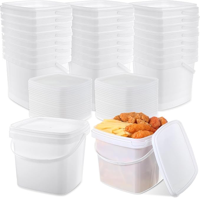 Mifoci 24 Pack5 Qt/169 Oz/5 L Thicken Plastic Buckets with Lids & Handles, Ice Cream Container, Food Grade, Freezer Safe, Sealable Square Reusable Storage Bucket, All Purpose Pails for Soup Fruit Deli