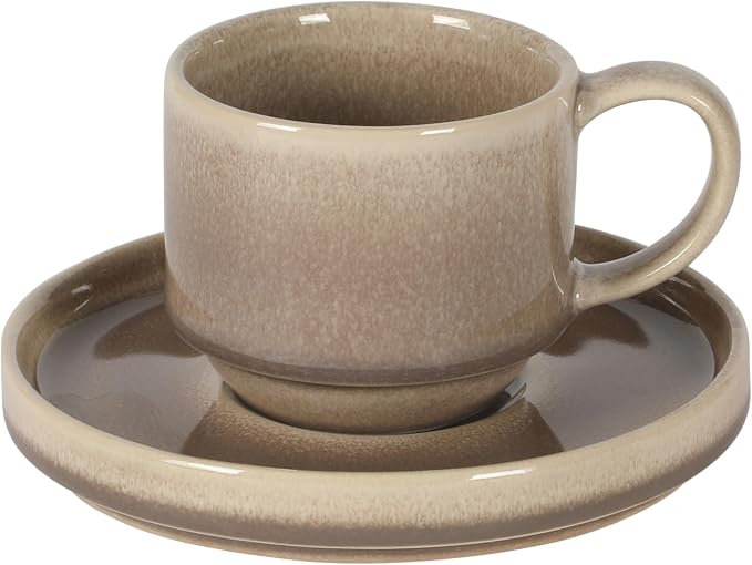 Gibson Elite Sunrise Hills 9-Piece Stackable Stoneware Cup and Saucer Set with Metal Rack, 6 oz, Service for 4, Dishwasher and Microwave Safe, Taupe