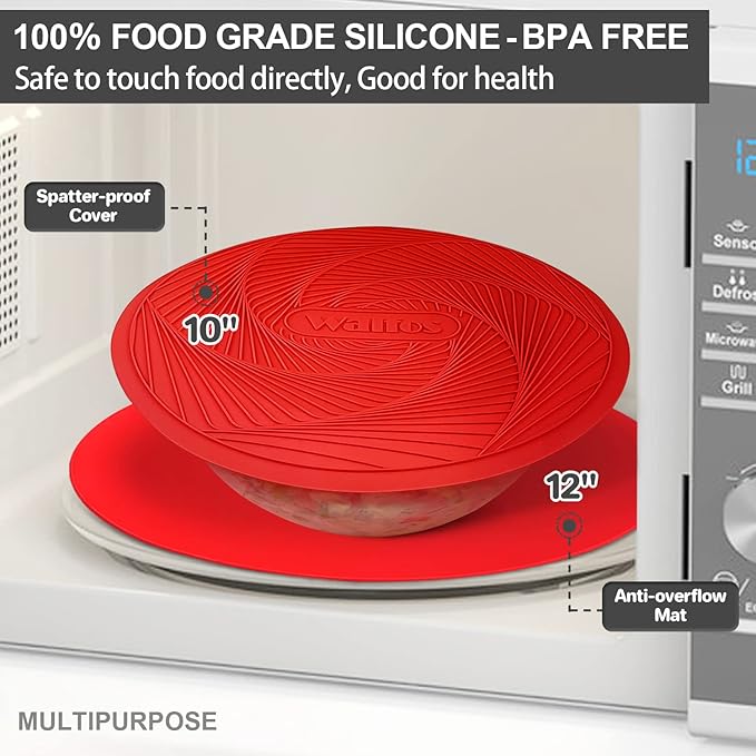 Walfos 12 10 Inch Silicone Microwave Mats, Microwave Splatter Cover for Food, Pot Holders for Kitchen, Non-Slip Heat Resistant Silicone Mats for Microwave, Oven, Hot Pan, Pot (Red)