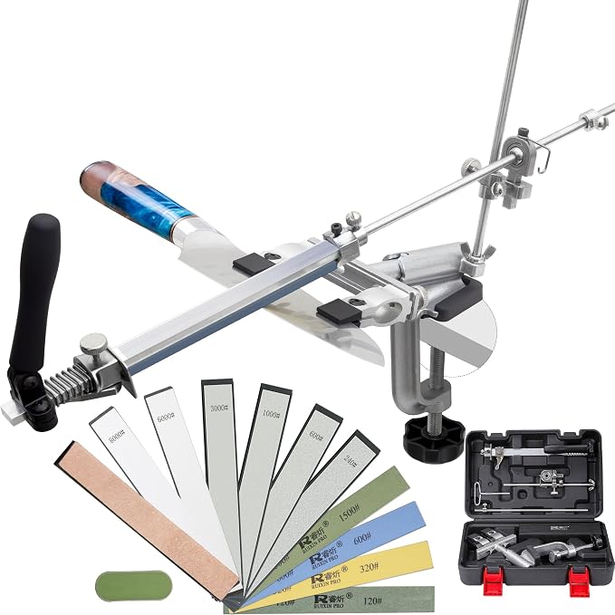 CWOVRS Knife Sharpening System, RX-009 Precision Knife Sharpener, 360° Flip Rotation, Upgraded Fixed-Angle Knife Sharpener Kit & Adjustable Knife-Clip, Chef Knife Sharpening Kit, 10 Stones+ Polish Kit