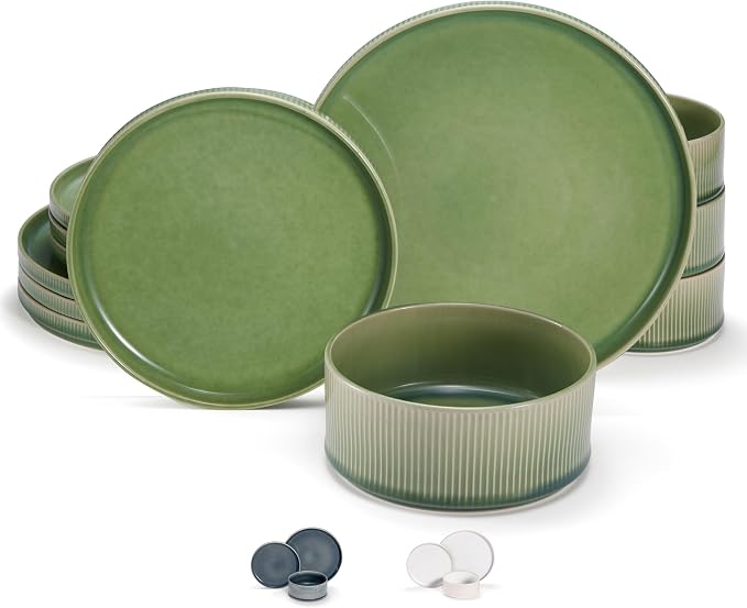 Ceramic Dinnerware Set, by Vase and Vessel, 12-Piece Service for 4, 9.8” Dinner Plates, 8” Salad Plates, 20 oz Bowls, Ombre Reactive Glaze, Durable Stoneware, Microwave & Dishwasher (Moss Green)