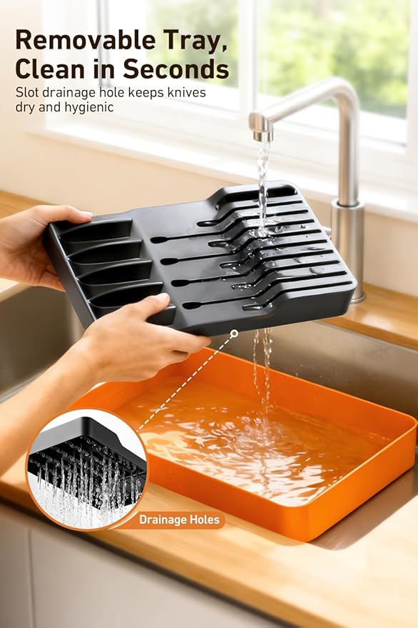 MAD SHARK 2-in-1 Detachable Knife Block & Silverware Organizer, Drawer Knife Holder for 10 Knives, BPA-Free, Blade-Safe Slots, Save Counter Space, Kitchen Drawer or Counter Storage, No Knives