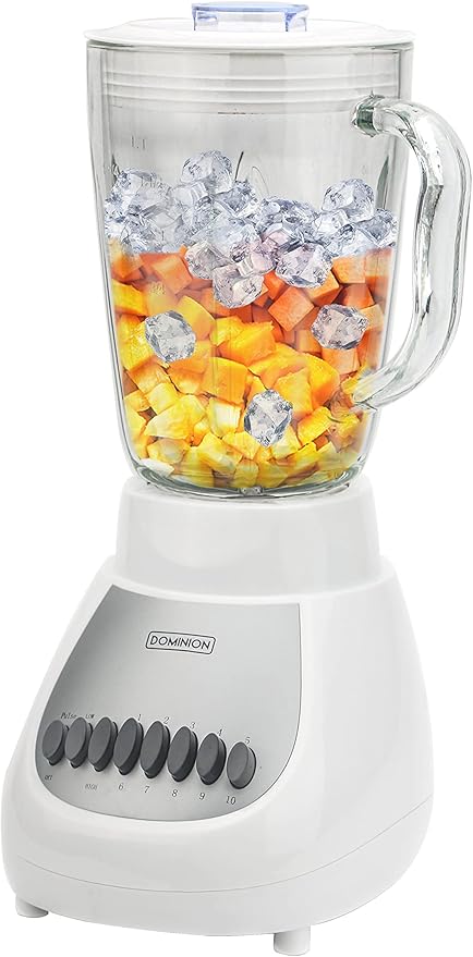 Dominion D4002WG Countertop Blender with 5-Cup 42oz Glass Jar, 10 Speed Settings with Pulse, Sharp Stainless Steel Blade, White