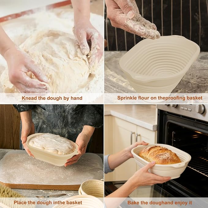 4 Pcs 10" Oval Upgraded Silicone Banneton with Handles | Foldable Bread Proofing Basket, Reinforced Rim Support, Bowls for Sourdough Bread Baking, Oven & Dishwasher Safe-BPA Free