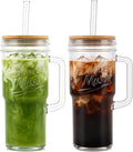 ANOTION Glass Cups with Lids and Straws - 24oz Tumbler with Handle Coffee Cups Glass Straws Glasses Mason Jar Cups Drinking Set Kitchen Essentials Coffee Bar Accessories House Warming Gifts New Home