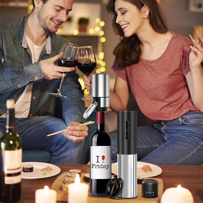 Wine Gifts-Electric Wine Opener and Aerator Set-Wine Dispenser Battery Operated, Rechargeable Wine Bottle Opener & Pourer with Foil Cutter, Vacuum Stoppers