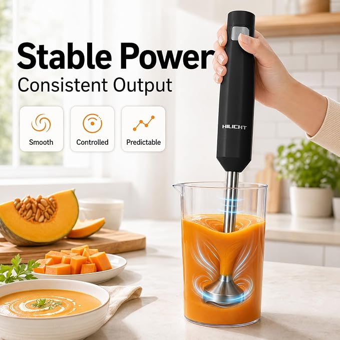 Cordless Immersion Hand Blender (Stick Blender) – Smooth, Controlled Blending for Everyday Cooking, 12V Brushless Motor, Pressure-Sensitive Variable Speed, USB-C Rechargeable, Easy-Clean (Black)