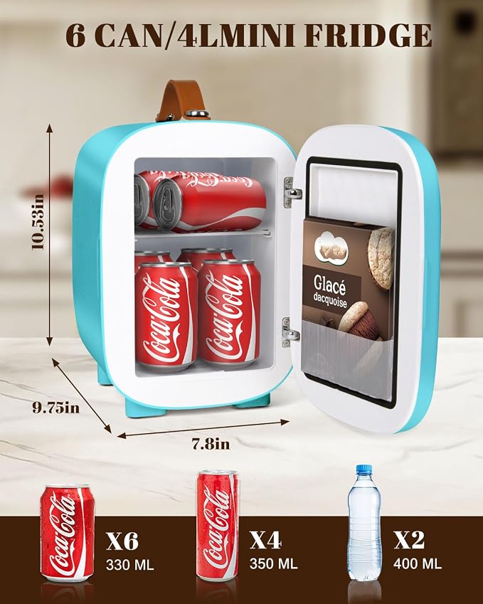 FANSEXPERT Mini Fridge for Bedroom, 4 Liter/6 Cans Skincare Small Refrigerator, AC/DC Portable Mini Cooler & Warmer, Small Fridge for Camping, Dorm, Office, Car (Blue)