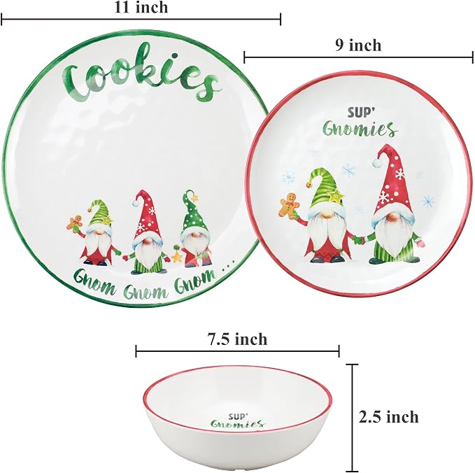 UPware 12 Piece Gnomies Melamine Dinnerware Sets, Outdoor Dishes Set, Plates and Bowls Sets, Christmas Decorations, Service for 4, White
