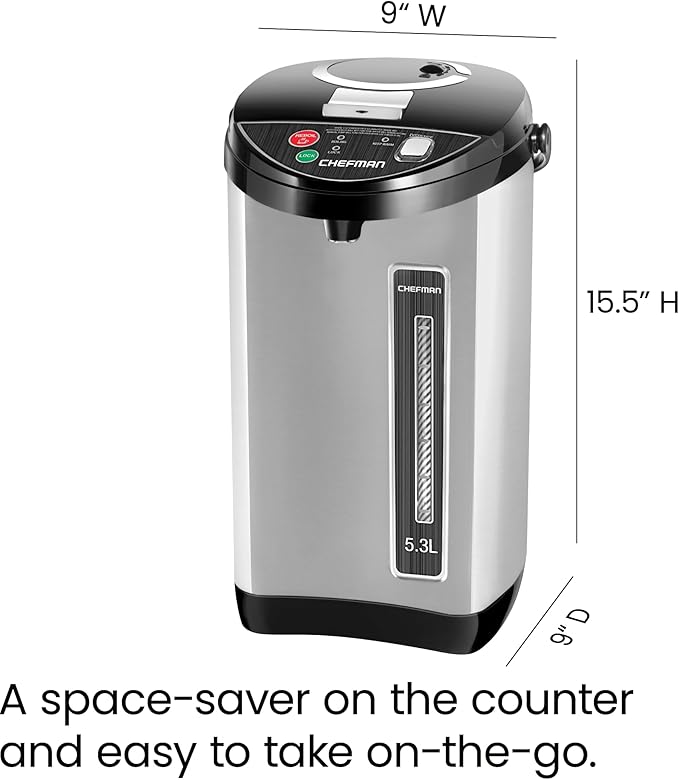 Chefman Electric Hot Water Pot Urn w/Auto & Manual Dispense Buttons, Safety Lock, Instant Heating for Coffee & Tea, Auto-Shutoff & Boil Dry Protection, Insulated Stainless Steel, 3.6L/3.8 Qt/20+ Cups