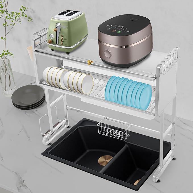 Over The Sink Dish Drying Rack 2 Tier Stainless Steel Dish Drainer Drying Rack 34.25" W Multifunctional Kitchen Organizers and Storage for Dishes, Glasses, Bowls, and Cutlery (Silver)