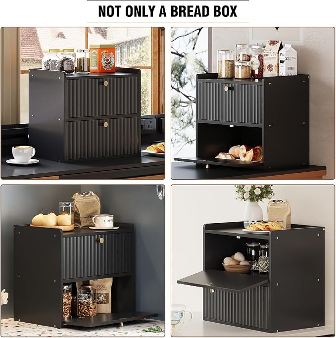 Trironsun Rustic Bread Box for Kitchen Countertop Bamboo Bread Storage Container Bin Double Layer BreadBox Farmhouse Large Capacity Food Organizer Black