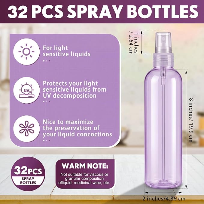 Eccliy 32 Pcs 8 oz Spray Bottles Fine Mist Plastic Spray Bottles Empty Sprayer Hairs Refillable Travel Sprayer with Pump Cap for Cleaning Oils Travel Perfumes (Purple,Clear)