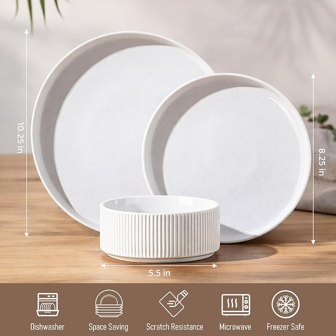 GBHOME Stoneware Dinnerware Sets for 4, 12 Pieces Lightweight Ceramic Ribbed Plates and Bowls Set, Reactive Glaze Stackable Plate Sets, Scratch Resistant Dishes, Microwave & Dishwasher Safe,White