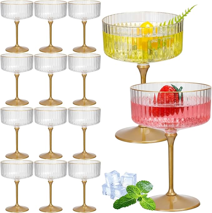 Jingmore 12 Pcs Ribbed Martini Glasses 10 oz Disposable Plastic Vintage Ribbed Coupe Glasses with Gold Rim Cocktail Unbreakable Dessert Parfait Glassware for Wedding Party Supplies (Gold)