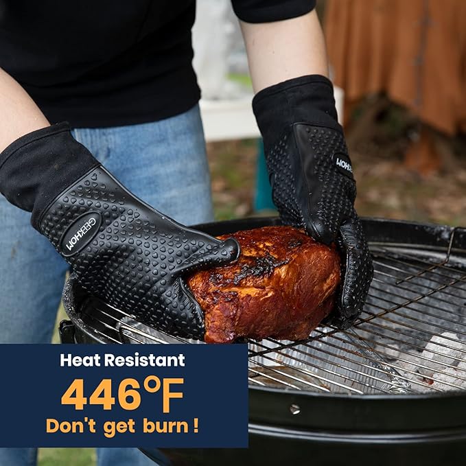 GEEKHOM BBQ Gloves X-Large, Heat Resistant Kitchen Silicone Oven Mitts, Waterproof Oven Gloves, BBQ Grill Accessories for Baking, Fryer, Smoker, Weber, Pizza, Microwave, Non-Slip, Black
