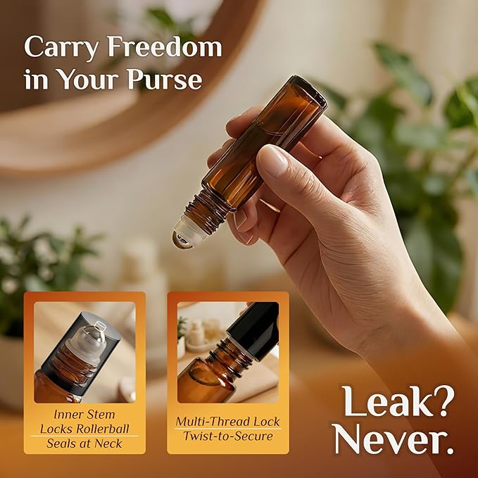 PrettyCare 12-Pack Amber Glass Roller Bottles for Essential Oil with Stainless Steel Roller Ball - 10 ml Refillable Leak-proof Empty Roll on Bottles with Caps for Perfume, DIY, Beauty & Personal Care