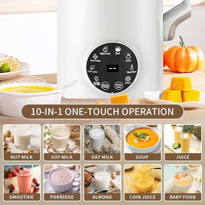10 in 1 Nut Milk Maker Machine, 42oz (1300ml) Almond Milk Maker, Self Clean/12H Delay/Keep Warm/Boil, One Touch Soy Milk Maker,Homemade Oat, Nutri Plant Based and Non Dairy Beverages
