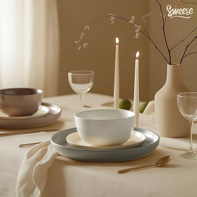 Sweese Dinnerware Sets Service for 4, 12 pcs Matte Speckled Glaze Plates and Bowls Sets, Handmade Ceramic Dish Set, Highly Chip and Crack Resistant Modern Plate Set, Multi-color