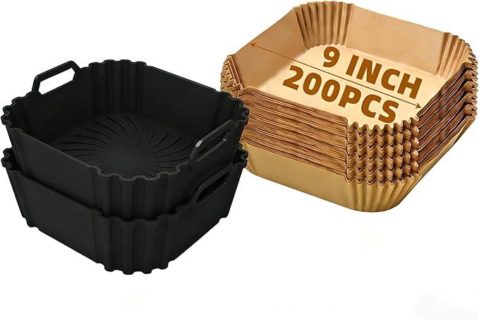 2 Pack Silicone Basket+200Pcs Air Fryer Liners