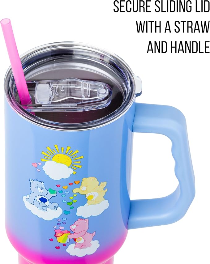 Silver Buffalo Care Bears Featuring Grumpy Bear, Funshine, and Love-A-Lot Bear Heart Showers Ombre Double Walled Stainless Steel Tumbler with Handle and Straw, Fits in Standard Cup Holder, 40 Ounces