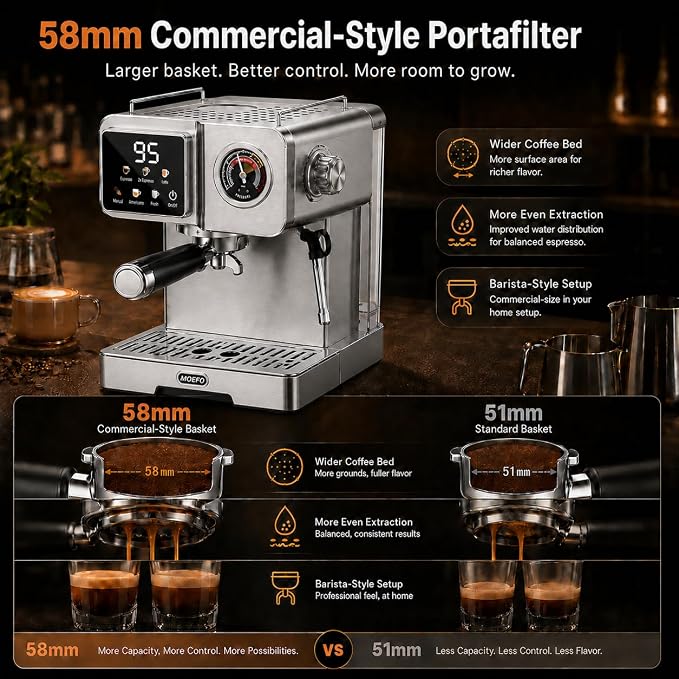 58mm Espresso Machine with Milk Frother, 20 Bar Semi-Automatic Coffee Maker, Visual Pressure Gauge & Touchscreen LCD Display, Professional Home Espresso Machine for Latte & Cappuccino, Silver