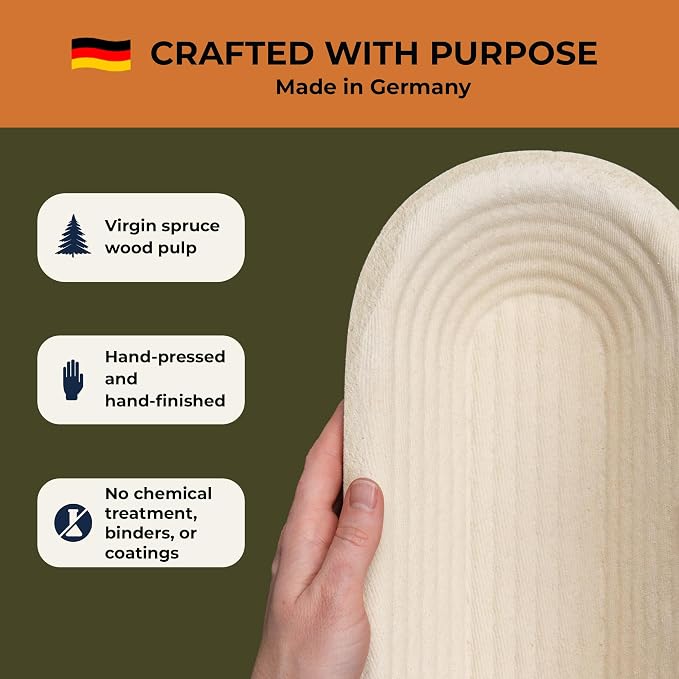 Bulka Oval 750g Groove Banneton Bread Proofing Basket Pressed Wood Pulp, Sourdough Proofing Basket - Non-Stick Batard Brotform Sourdough Bread Baking Supplies, Made in Germany.