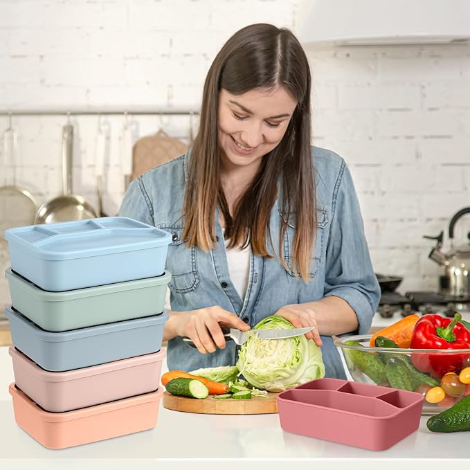 Honeydak 6 Pcs Silicone Bento Box Reusable Lunch Container 4 Compartment Snack Boxes with Lid Smooth LeakProof Rectangle Food Boxes for Adult Work Travel Food Storage (Vintage Color)