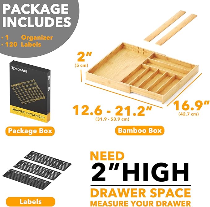 SpaceAid Bamboo Spice Drawer Organizer and Bamboo Silverware Drawer with Labels Kitchen Utensil Expandable Tray Holder Organizer for Flatware