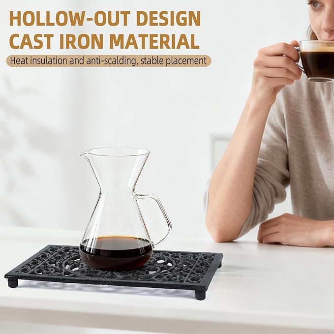 Notakia 9.6 x 6.3 Inch Cast Iron Trivet Set, Large Metal Trivets for Hot Dishes Pots Pans Decorative Kitchen Trivets, Heat-Resistant Trivet Mats for Quartz Countertops, Table Cooktop (Black, 1 Pack)
