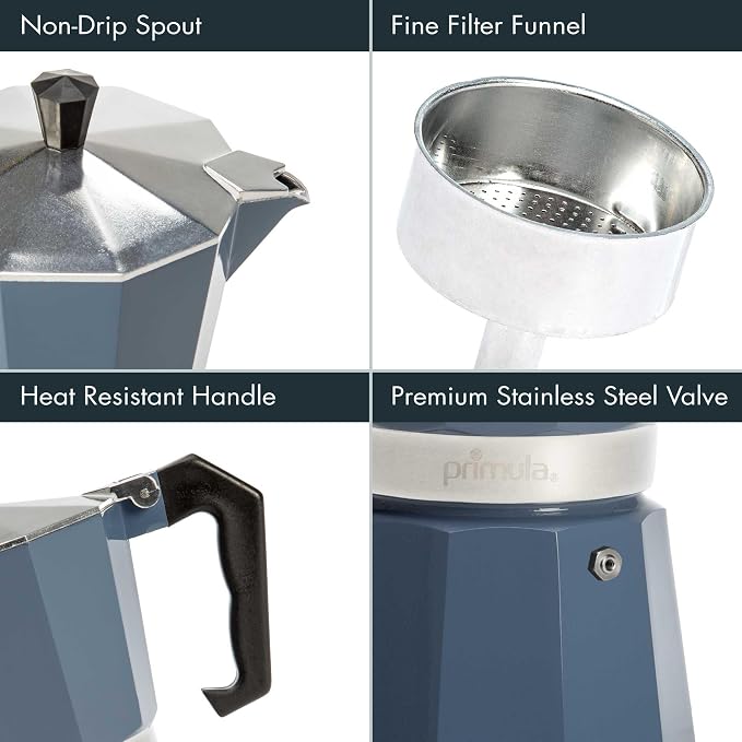 Primula Classic Moka Pot Stovetop Espresso and Coffee Maker, Italian and Cuban Cafetera for Rich Espresso Brewing, Durable Aluminum Greca Coffee Maker with Easy Grip Handle, 6-Cup, Blue