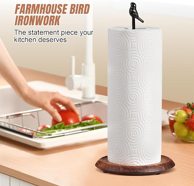 Wooden Paper Towel Holder countertop, Stylish Bird Shaped,Solid Wood Base&Iron Top, with Non-Slip Mat, Stable&Durable,Paper Towel Holder Farmhouse Style to Elevate Your Kitchen's Décor (Black)